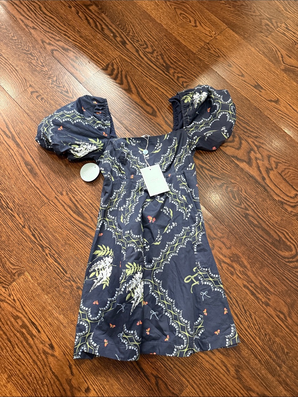 Hill House Navy Floral Puff-Sleeve Dress with Green & Coral Accents